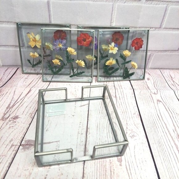 Set Of 4 Vintage Pressed Flower Glass Coasters With Metal Holder By Burnes Of Bo - Picture 1 of 6